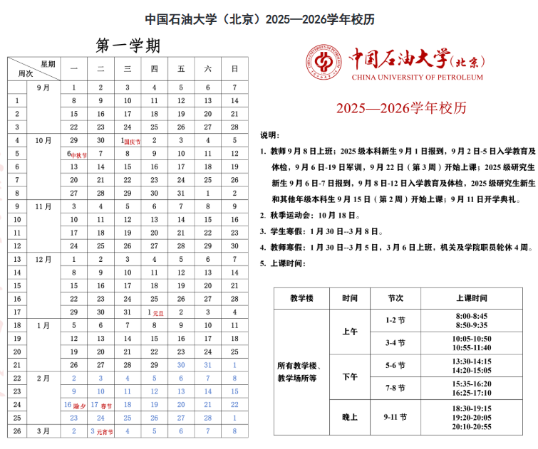 2026中国石油大学(北京)寒假及开学时间 2026中国石油大学(北京)寒假及开学时间