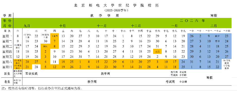 2026北京邮电大学世纪学院寒假及开学时间