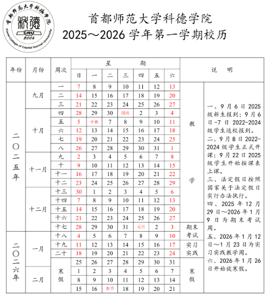 2026首都师范大学科德学院寒假及开学时间 2026首都师范大学科德学院寒假及开学时间