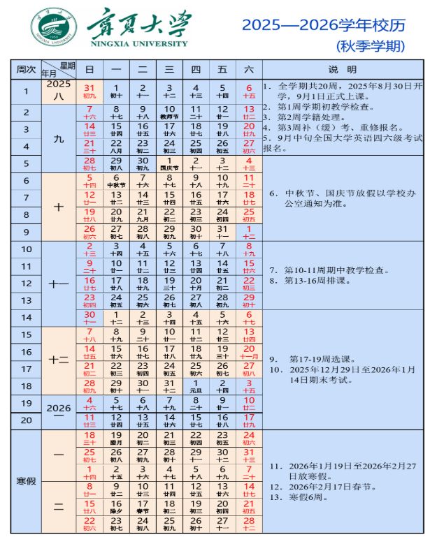 2026宁夏大学新华学院寒假及开学时间