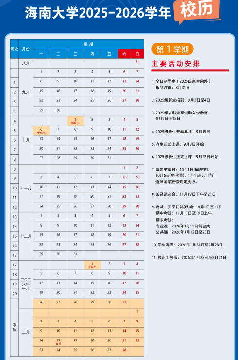 2026海南大学寒假及开学时间