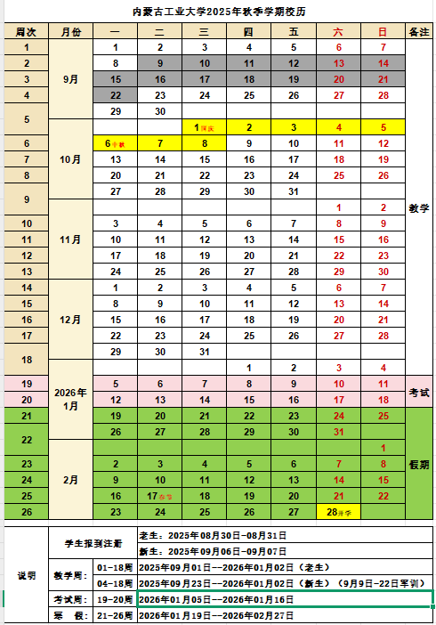 2026内蒙古工业大学寒假及开学时间