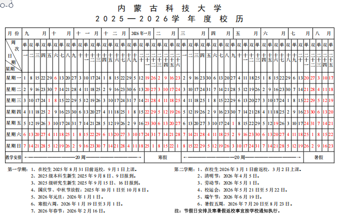 2026内蒙古科技大学寒假及开学时间
