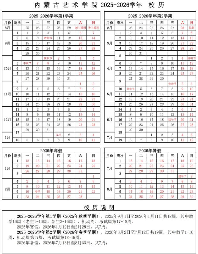 2026内蒙古艺术学院寒假及开学时间