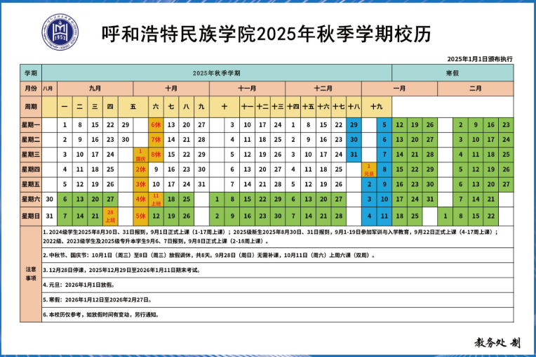 2026呼和浩特民族学院寒假及开学时间