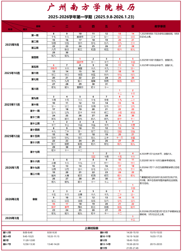 2026广州南方学院寒假及开学时间