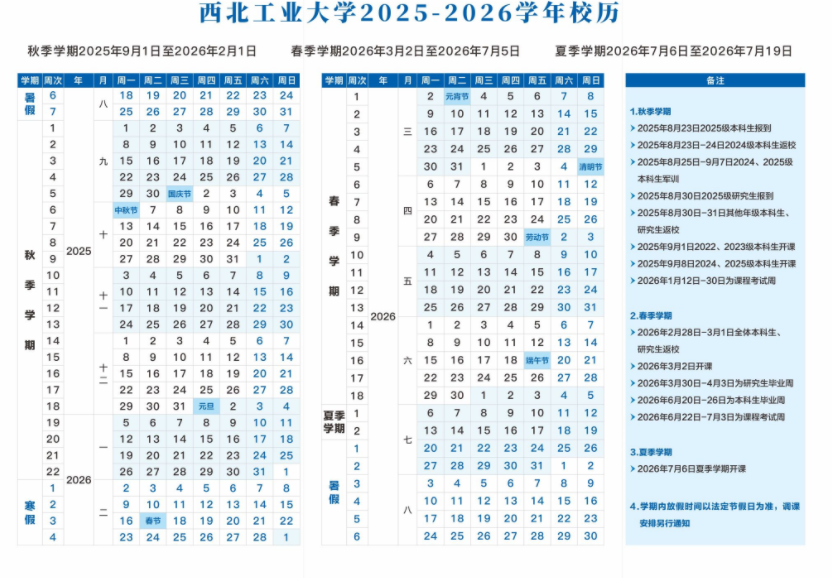 2026西北工业大学寒假放假时间及开学时间