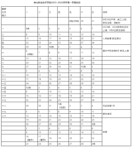 2026佛山职业技术学院寒假及开学时间