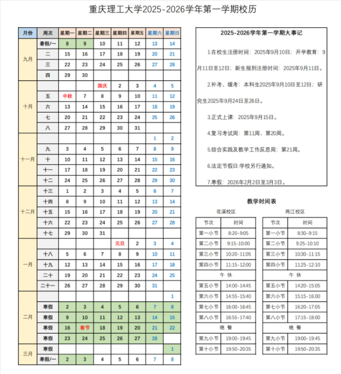 2026重庆理工大学寒假放假时间及开学时间