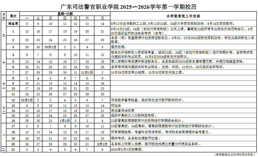 2026广东司法警官职业学院寒假及开学时间