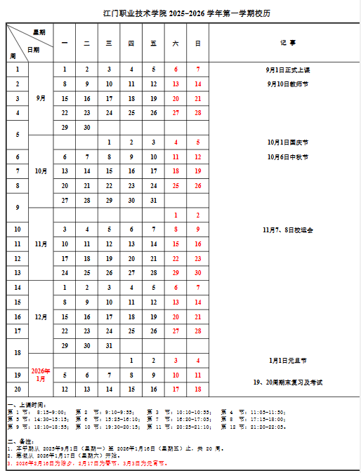 2026江门职业技术学院寒假及开学时间