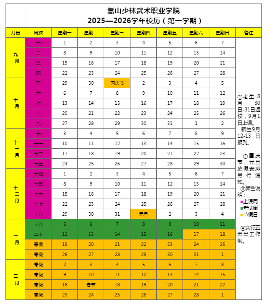 2026嵩山少林武术职业学院寒假放假时间及开学时间