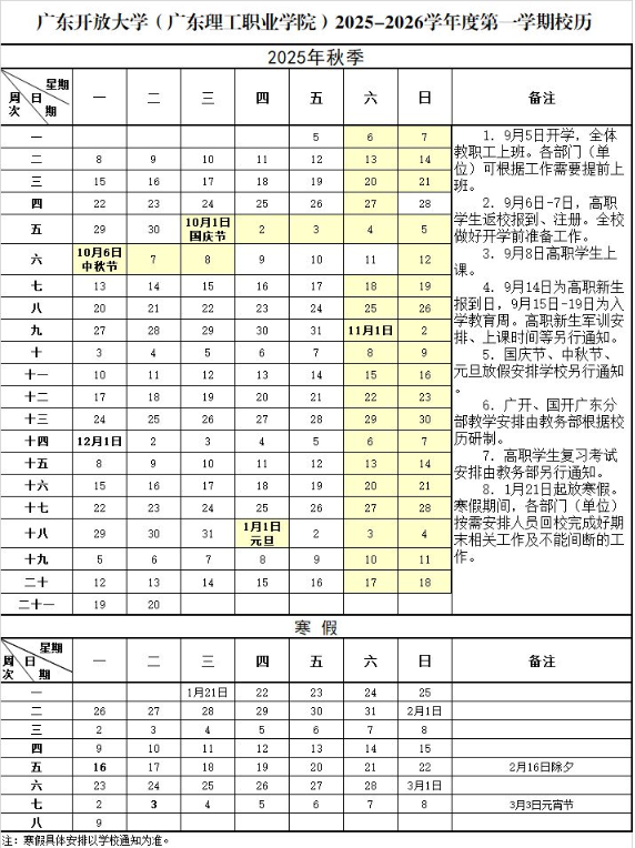 2026广东理工职业学院寒假及开学时间