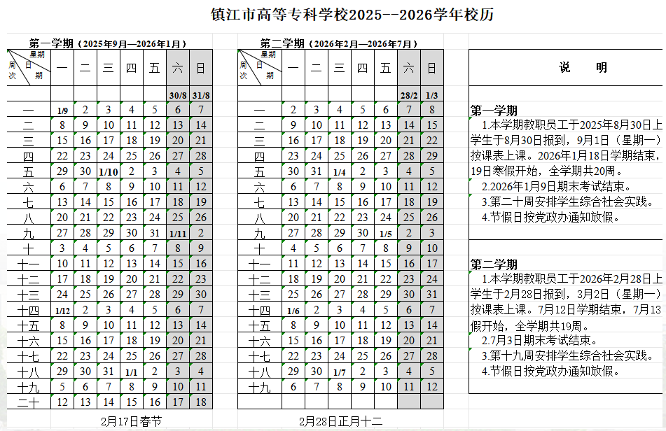 2026镇江市高等专科学校寒假及开学时间