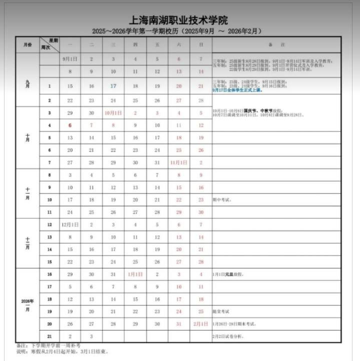 2026上海南湖职业技术学院寒假放假时间及开学时间