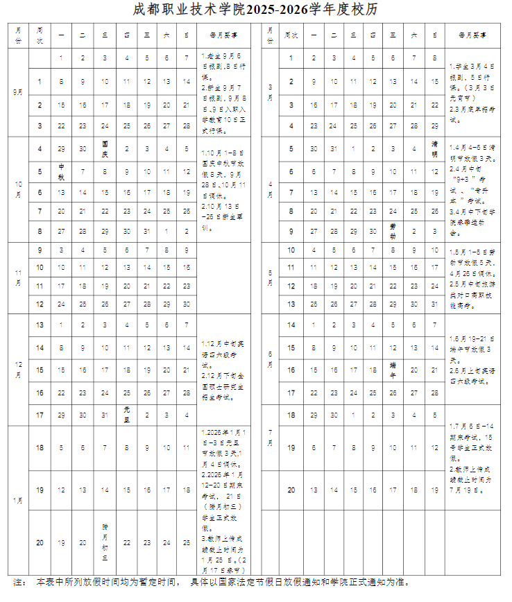 2026成都职业技术学院寒假放假时间及开学时间 2026成都职业技术学院寒假放假时间及开学时间