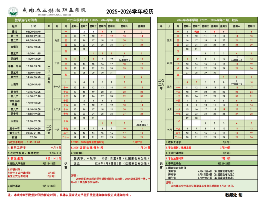2026成都农业科技职业学院寒假放假时间及开学时间