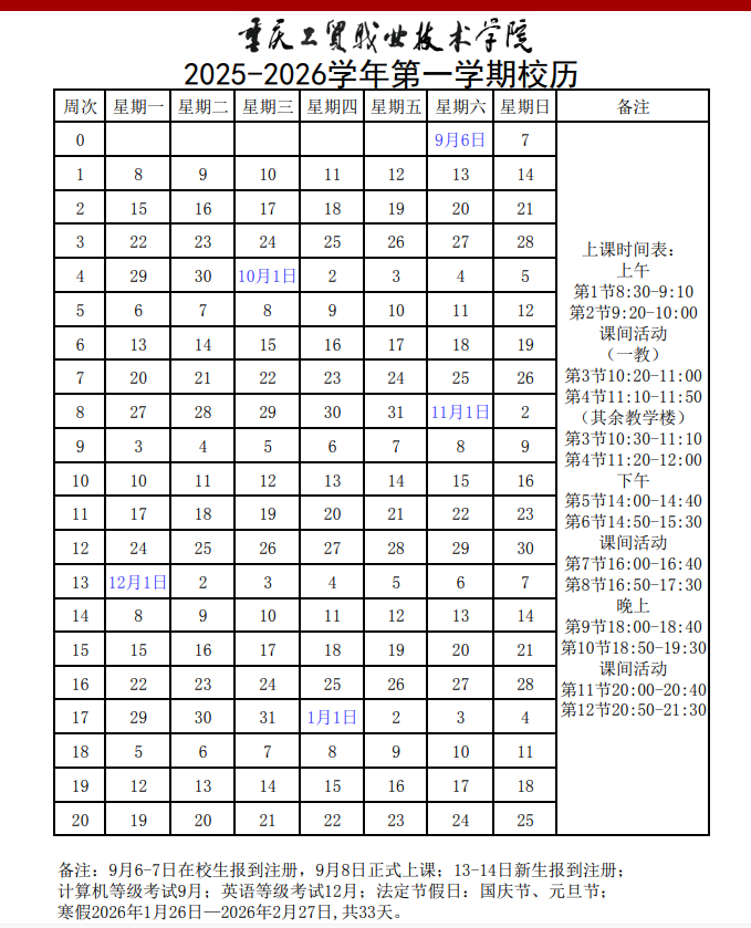 2026重庆工贸职业技术学院寒假放假时间及开学时间