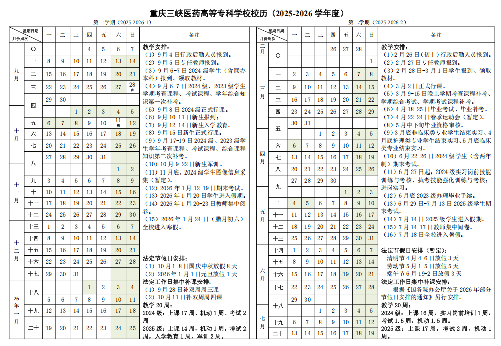 2026重庆三峡医药高等专科学校寒假放假时间及开学时间