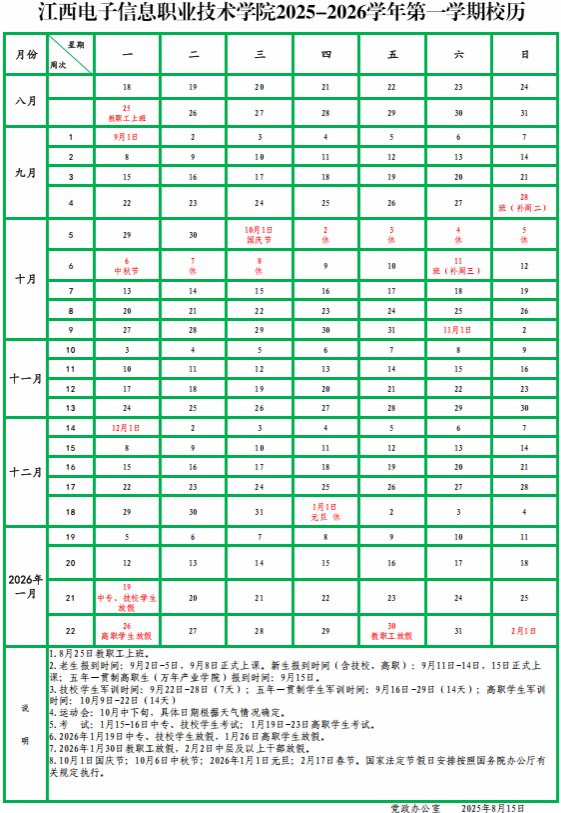 2026江西电子信息职业技术学院寒假及开学时间 2026江西电子信息职业技术学院寒假及开学时间