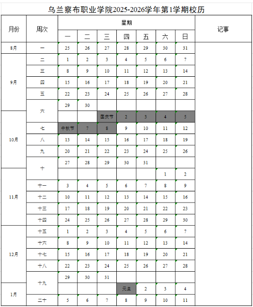 2026乌兰察布职业学院寒假及开学时间